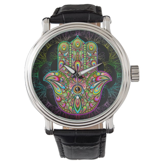 Hamsa Fatma Hand Psychedelic Art Armbanduhr (Vorderseite)
