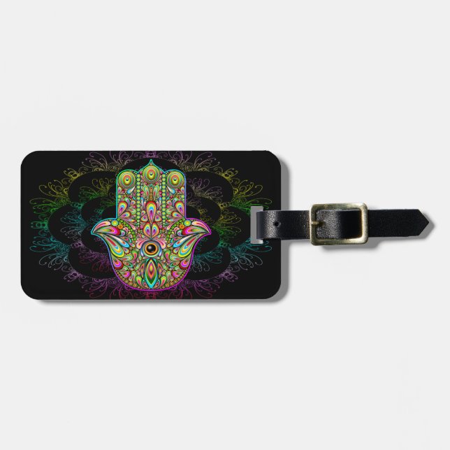 Hamsa Fatma Hand Psychedelic Art Gepäckanhänger (Vorderseite horizontal)