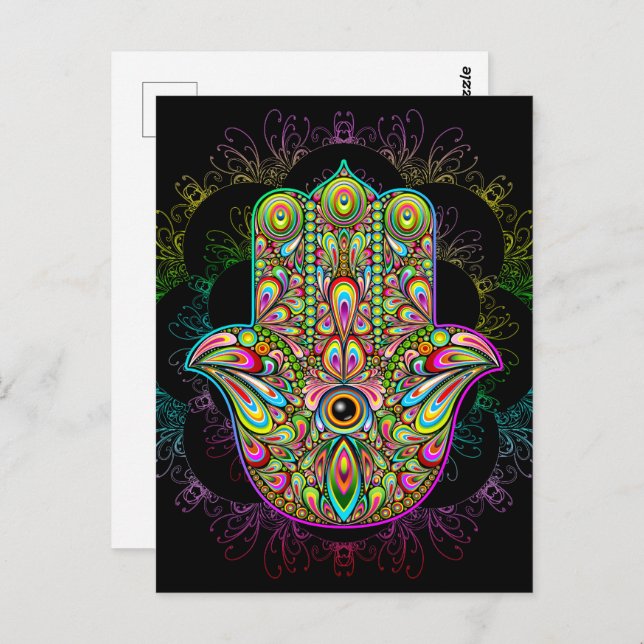 Hamsa Fatma Hand Psychedelic Art Postkarte (Vorne/Hinten)