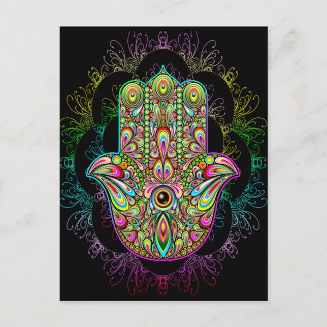 Hamsa Fatma Hand Psychedelic Art Postkarte (Vorderseite)