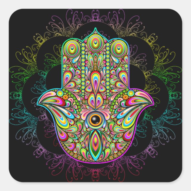 Hamsa Fatma Hand Psychedelic Art Quadratischer Aufkleber (Vorderseite)