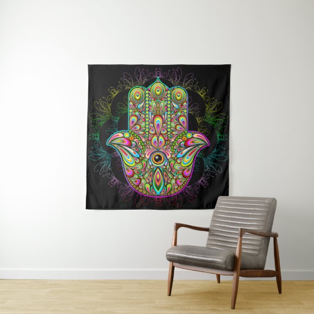 Hamsa Fatma Hand Psychedelic Art Wandteppich (Beispiel)