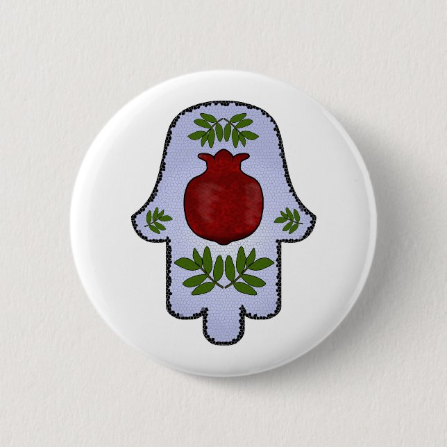 Hamsa, Granatapfel, hellblau, Buntglas Zazz Button (Vorderseite)