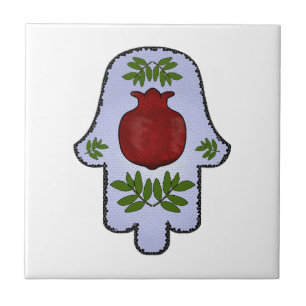 Hamsa, Granatapfel, hellblau, Buntglas Zazz Fliese