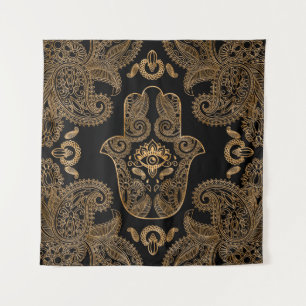 Hamsa Hand Black and gold Ornament Wandteppich