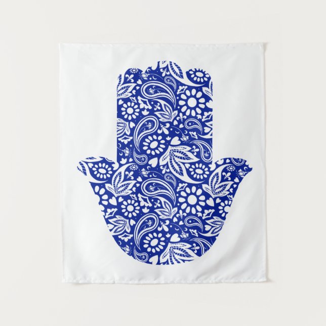 Hamsa Hand Bohemisch Blue White Tapestry Wandteppich (Vorderseite)