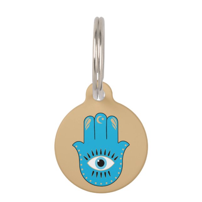 Hamsa Hand griechisches Evil Eye Blue Haustiermarke (Vorderseite)