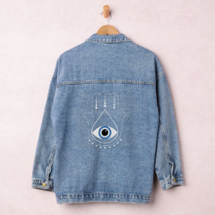Hamsa Hand griechisches Evil Eye Blue Jeansjacke