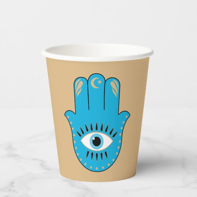 Hamsa Hand griechisches Evil Eye Blue Pappbecher (Vorderseite)