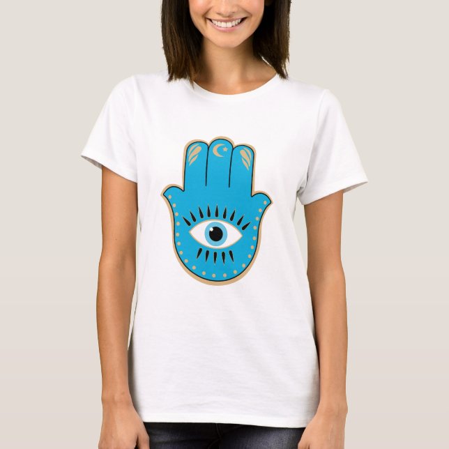 Hamsa Hand griechisches Evil Eye Blue T-Shirt (Vorderseite)
