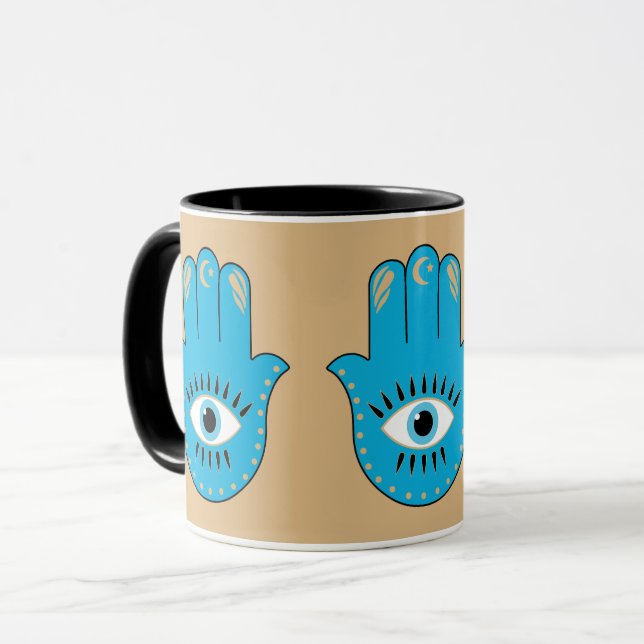 Hamsa Hand griechisches Evil Eye Blue Tasse (Vorderseite Links)