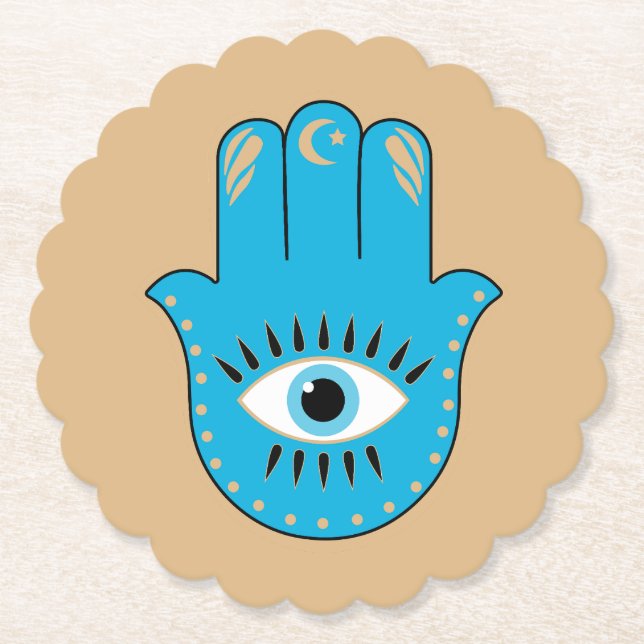 Hamsa Hand griechisches Evil Eye Blue Untersetzer (Vorderseite)
