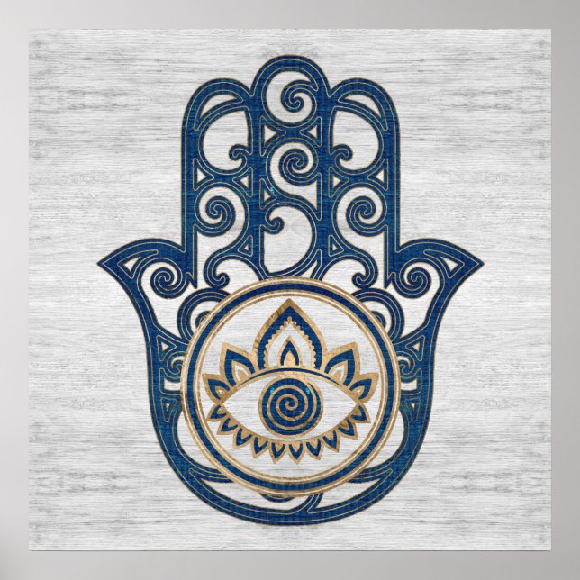 Hamsa Hand - Hand aus Fatima-blauem Holz Poster (Vorne)