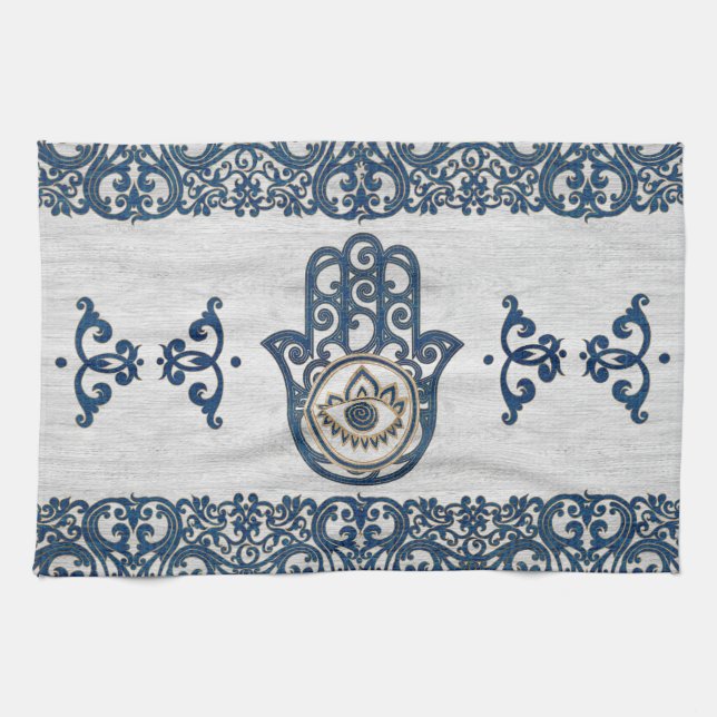 Hamsa Hand - Hand des Fatima-Blauholzes Geschirrtuch (Horizontal)