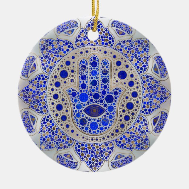 Hamsa Hand - Hand Fatima auf Mutter der Perle Keramik Ornament (Vorne)