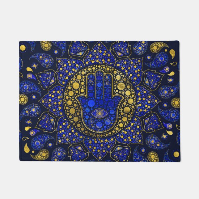 Hamsa Hand - Hand Fatima Dot Art Lapis Lazuli Fußmatte (Vorderseite)
