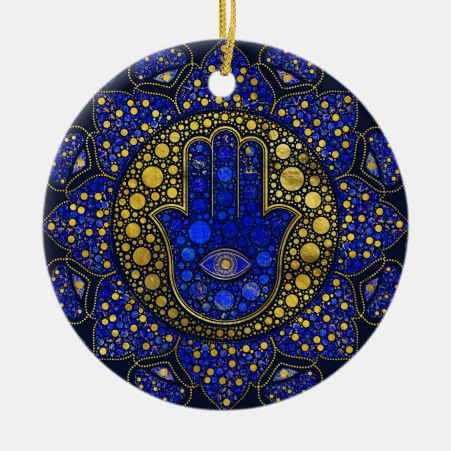Hamsa Hand - Hand Fatima Dot Art Lapis Lazuli Keramik Ornament (Vorne)