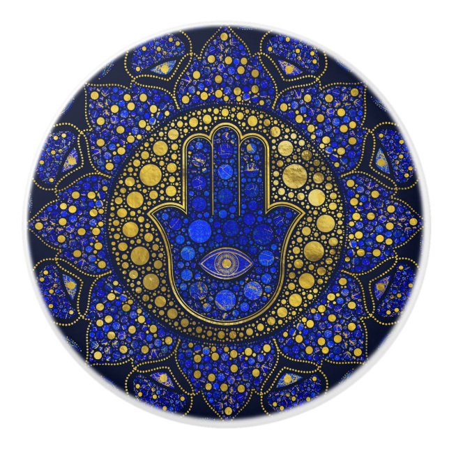 Hamsa Hand - Hand Fatima Dot Art Lapis Lazuli Keramikknauf (Vorderseite)