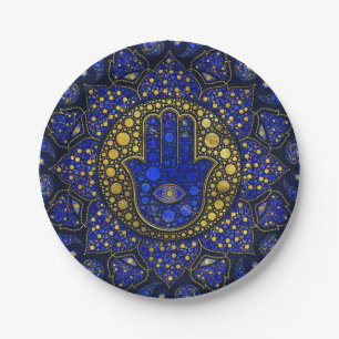 Hamsa Hand - Hand Fatima Dot Art Lapis Lazuli Pappteller