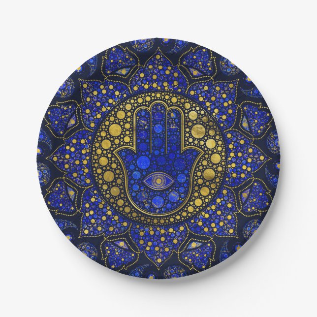 Hamsa Hand - Hand Fatima Dot Art Lapis Lazuli Pappteller (Vorderseite)