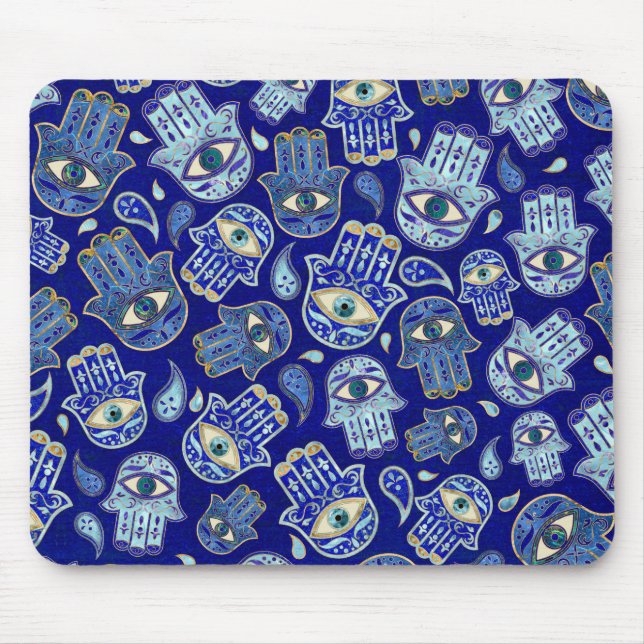 Hamsa Hand - Hand Fatima Muster Blaue Mineralien Mousepad (Vorne)