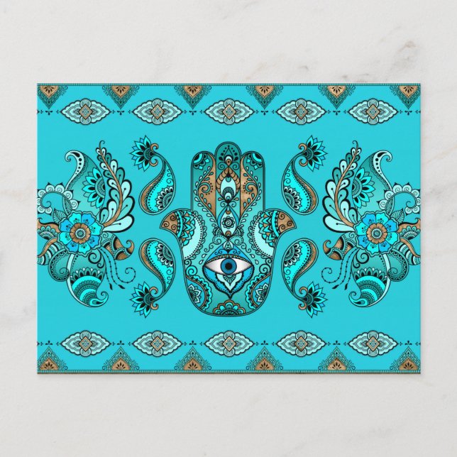 Hamsa Hand-Hand Fatima Ornament Postkarte (Vorderseite)