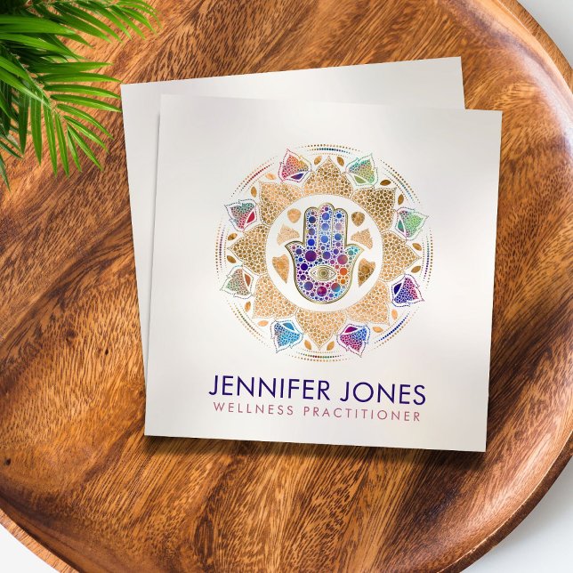 Hamsa Hand - Hand of Fatima in Lotus mandala Quadratische Visitenkarte (Von Creator hochgeladen)