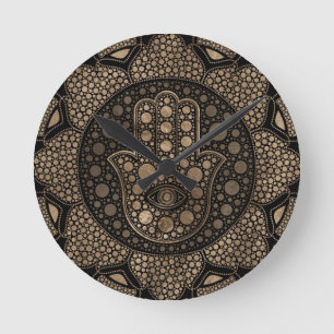 Hamsa Hand - Hand of Fatima in Lotus mandala Runde Wanduhr