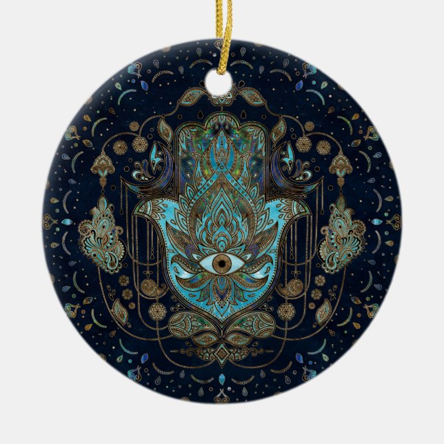 Hamsa Hand - Hand von Fatima Blue Gemstones Keramik Ornament (Vorne)