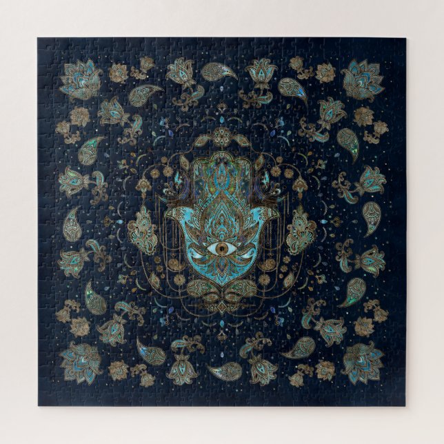 Hamsa Hand - Hand von Fatima Blue Gemstones Puzzle (Vertikal)