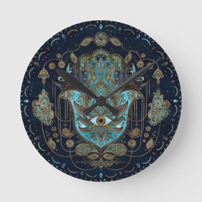 Hamsa Hand - Hand von Fatima Blue Gemstones Runde Wanduhr (Vorderseite)