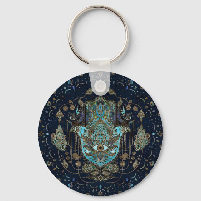 Hamsa Hand - Hand von Fatima Blue Gemstones Schlüsselanhänger (Vorderseite)