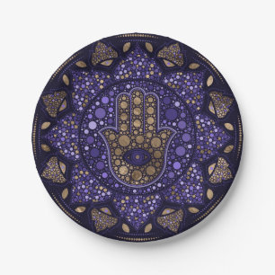 Hamsa Hand - Hand von Fatima in Lotus mandala Pappteller