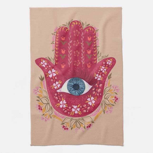 Hamsa Hand_Magenta_Creme Küchentuch (Vertikal)