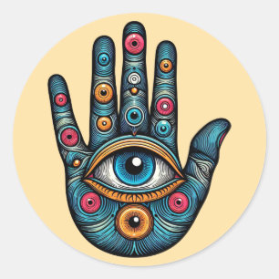 Hamsa Hand mit Augenkunstdarstellung Runder Aufkleber