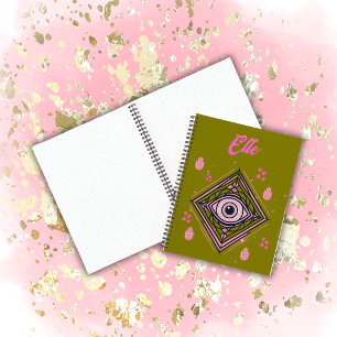 Hamsa Hand mit bösen Augen und Herz rosa auf Olive Notizbuch