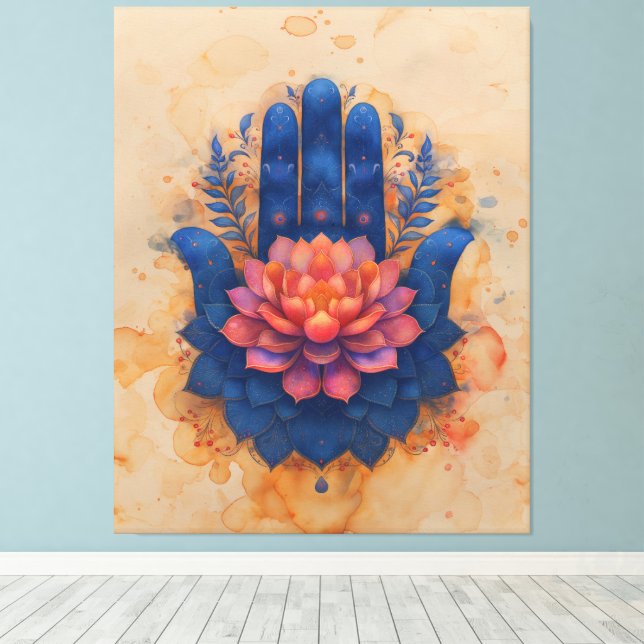 Hamsa Hand mit Lotus-Blume Leinwanddruck (Insitu (Holzboden))