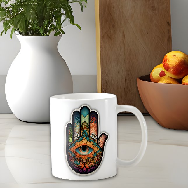 Hamsa Handklassische Tasse, 11 oz Kaffeetasse (Hamsa hand coffee mug sits on a kitchen counter)