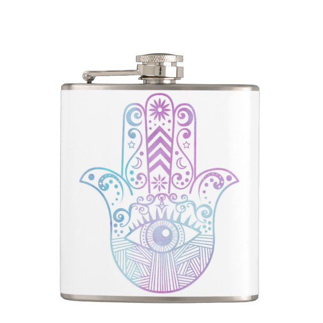 Hamsa Handlila und blauer Watercolor Flachmann (Vorderseite)