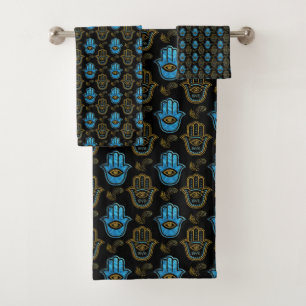 Hamsa Handmuster - Gold und blaues Glas Badhandtuch Set