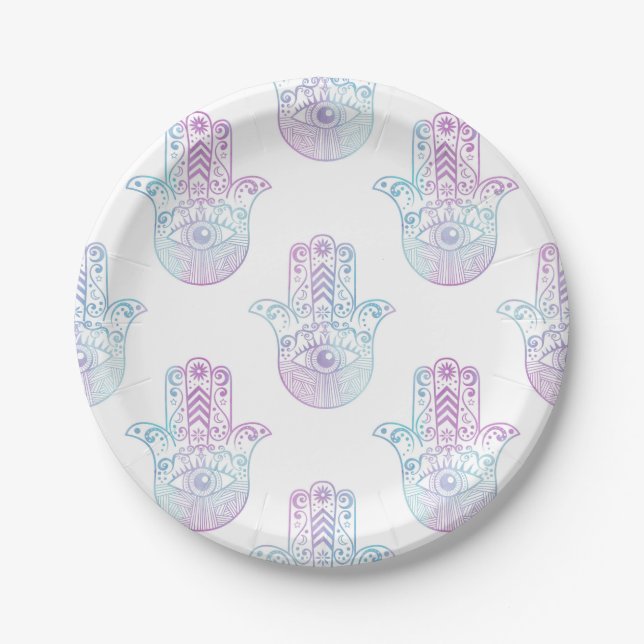 Hamsa Handmuster lila und blau Pappteller (Vorderseite)