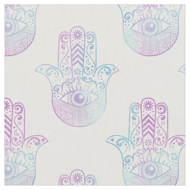 Hamsa Handmuster lila und blau Stoff (Nahaufnahme)