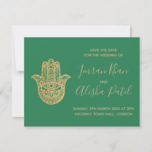 Hamsa Henna Gold Green Desi Wedding Einladung