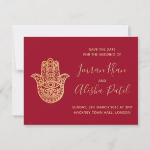 Hamsa Henna Gold Rot Desi Hochzeitseinladung RSVP Karte