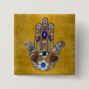 Hamsa-Herzen Blumen-Opal-Kunst auf Gold Button