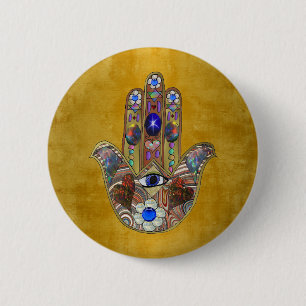 Hamsa-Herzen Blumen-Opal-Kunst auf Gold Button