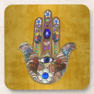 Hamsa-Herzen Blumen-Opal-Kunst auf Gold Getränkeuntersetzer