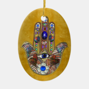 Hamsa-Herzen Blumen-Opal-Kunst auf Gold Keramikornament