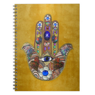 Hamsa-Herzen Blumen-Opal-Kunst auf Gold Notizblock