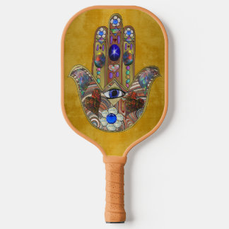 Hamsa-Herzen Blumen-Opal-Kunst auf Gold Pickleball Schläger